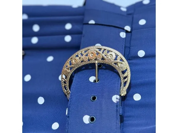 Vintage 80s Katie MFG Navy Blue White Polka Dot Midi Dress Size 16 Rockabilly - Image 4