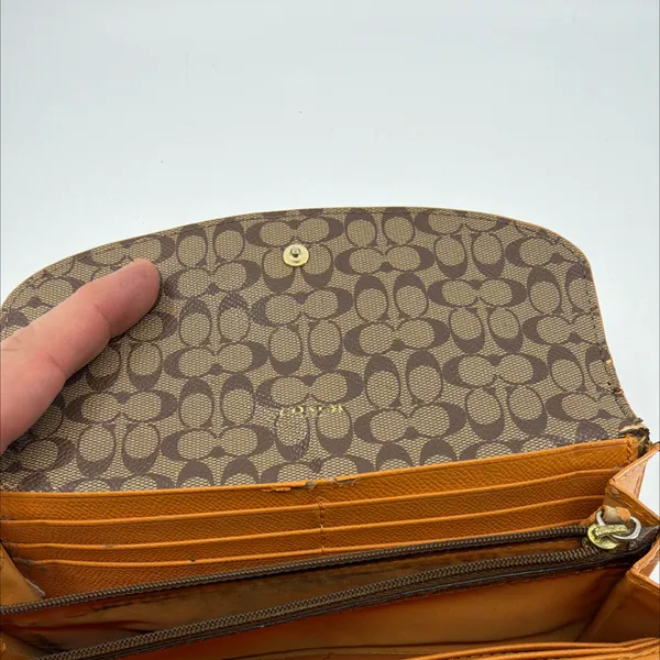 Coach Tan Pebbled Leather Signature Canvas Flap Wallet - Image 4