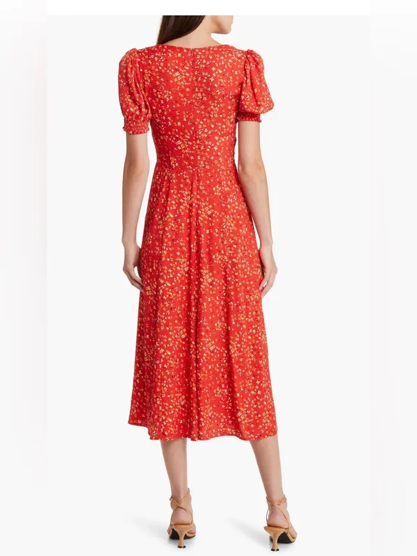 Reformation Lacey Smocked Sleeve Red Floral Midi Dress with Puff Sleeves - Image 2