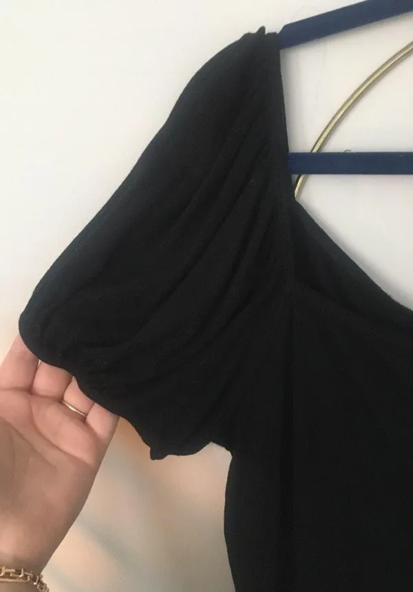 Reformation Square Neck Tee With Puff Sleeves XL Black top - Image 2