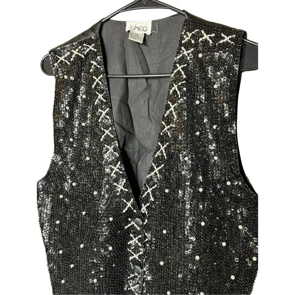 Vintage Theo 90s Sequin Beaded Vest Size M‎ Black Size M - Image 2