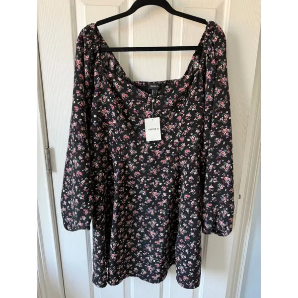 Forever‎ 21+ Floral Smocked Mini Dress 1X Black Long Sleeve Square Neck NWT - Image 2