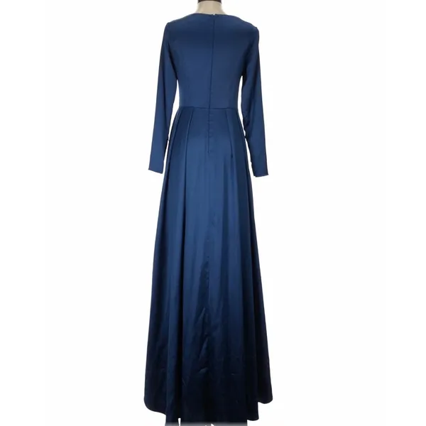 Ieena‎ For Mac Duggal Navy Satin Gown Womens 4 Long Sleeve V Neck Maxi Formal - Image 2