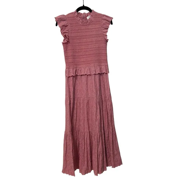 Sea New York 100% Cotton Pink Ingrid Smocked Ruffle Eyelet Midi Dress Size 2 - Image 3