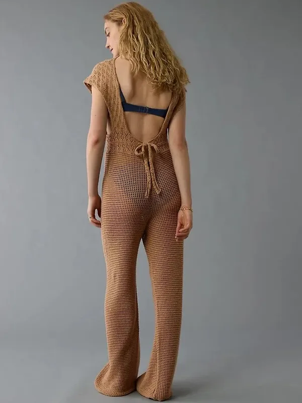 American Eagle Tan Crochet Knit Wide Leg Jumpsuit - Image 2