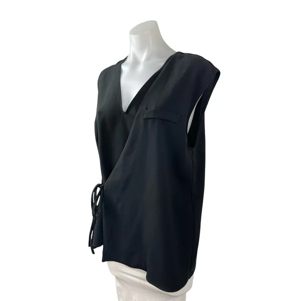Zara Women's Black Short Cap Sleeve V Neck Tie Wrap Pocket Blouse Top Size L - Image 3