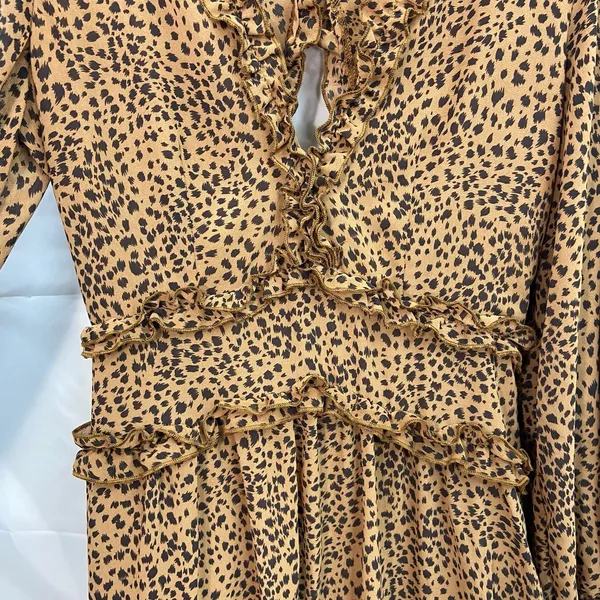 Women's brown leopard print ruffle deep v-neck flowy long‎ sleeve casual dress S - Image 4