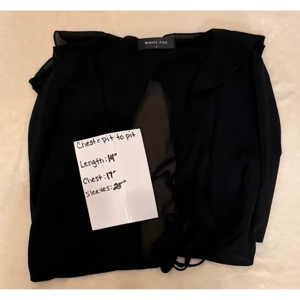WHITE FOX BOUTIQUE Black Sheer Ruffle Crop Top Long Bell Sleeve Tie Front S NWOT - Image 3