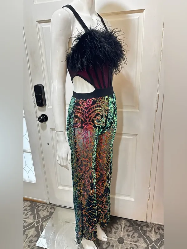 Revolution 10th House Dance Costume sequin Feather jumpsuit ZODIAC - Image 3