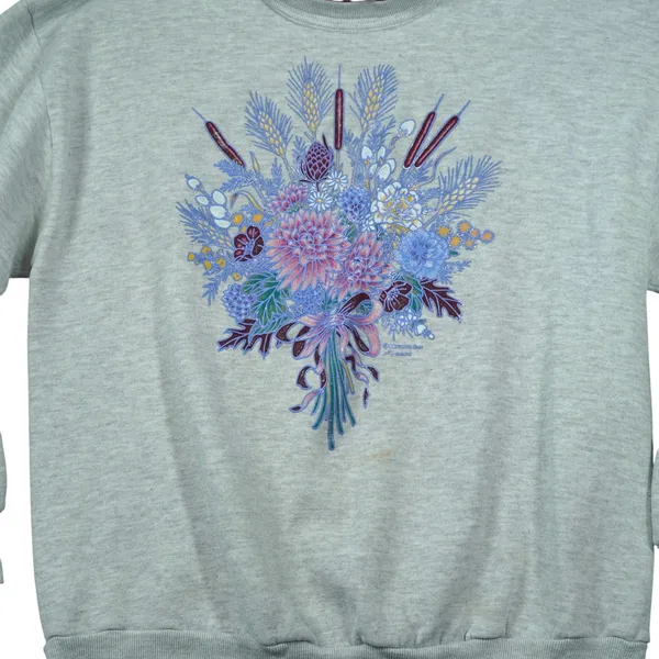 Vintage 90s Morning Sun Floral‎ Bouquet Sweatshirt Grey Double Collar Puff Print - Image 2