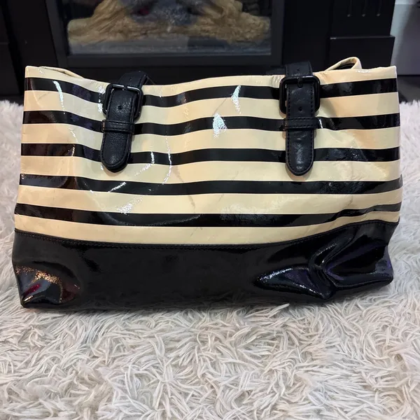Kate Spade New York‎ Striped Patent Leather Tote Bag Black Cream - Image 2
