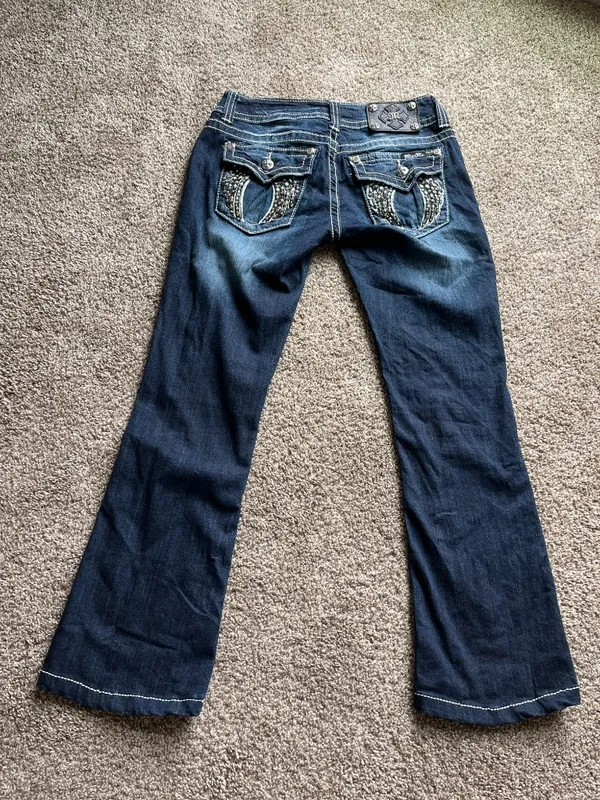 Y2K Miss Me Bootcut Jeans Blue Rhinestone Wing Back Pocket Size 27 Cotton - Image 5