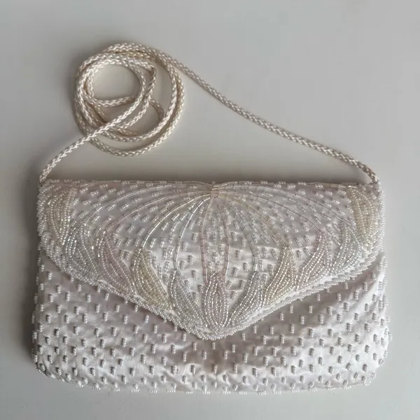 Vintage White Beaded Satin Clutch Purse | Pearl Evening Bag Bridal Prom 90s Y2K - Image 2