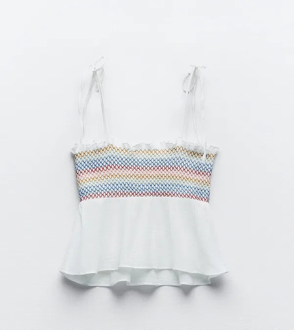 ZARA NWT  Strappy Elasticized Smocked Top Rainbow Ecru. Size Medium - Image 5