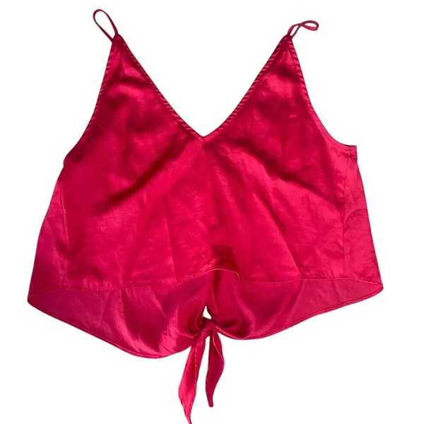 Free‎ People Intimately Pink Satin V Neck Cami Tie Front Crop Top Size S - Image 3