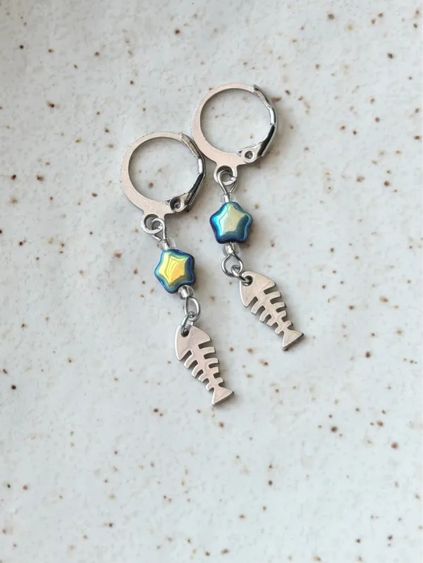 Handmade fish bone & star stainless steel unique funky dangle earrings🌀🐟💙⭐️ - Image 5