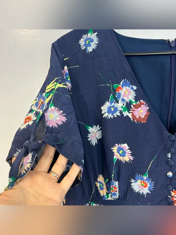 Madewell Blue 100% Silk Button-Front Short Tie-Sleeve Floral Mini Dress Size 14 - Image 7