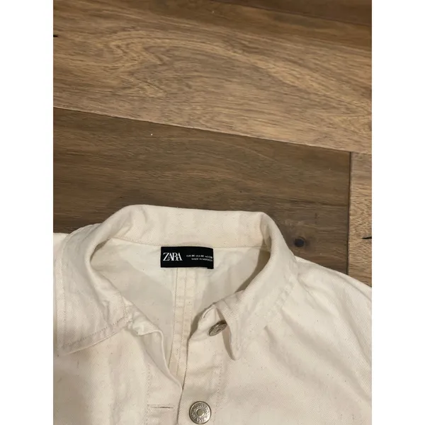 Zara Womens Beige Puff Sleeve Denim Jacket with Belt Size M - Image 3