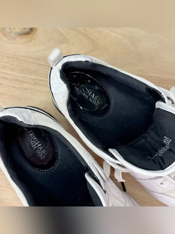 Michael Kors Georgie Logo Wedge Heel Leather Mid Top Sneakers White Black 8.5 - Image 9