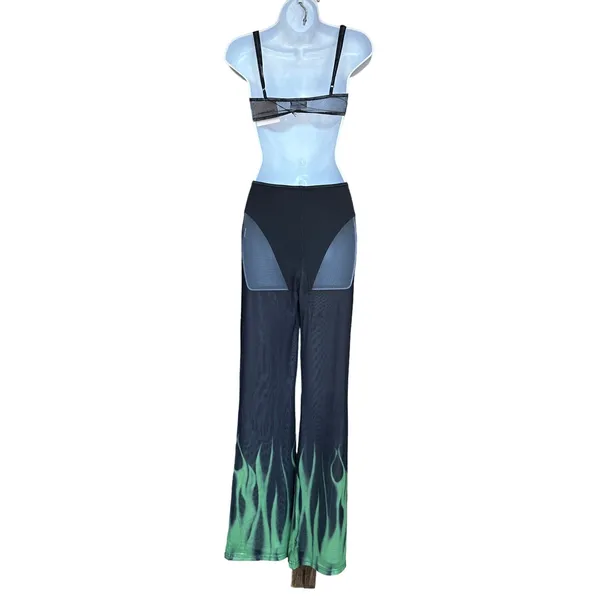 Superdown Black Sheer Flare Pant Set MEDIUM Crop Top Wicked Cochella $88 NEW - Image 6