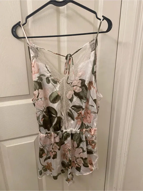 Victoria's Secret Floral Lace-Trim Satin Romper - Pink & Green - Image 12