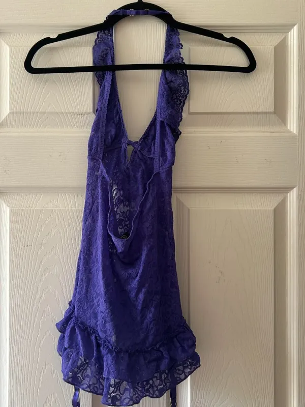 Victorias Secret The Lacie Sheer Lace Halter Babydoll Lingerie Purple Size Small - Image 10