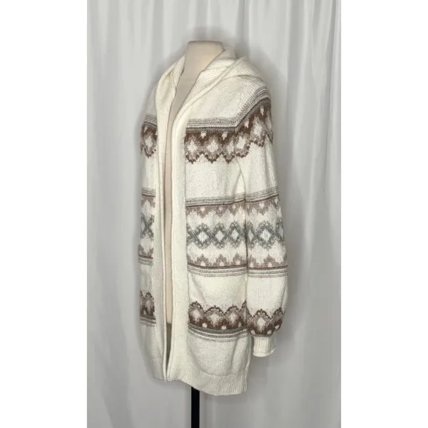 ABERCROMBIE & FITCH Fair Isle Hooded Long Cardigan Sweater Cream Fairisle XS - Image 5