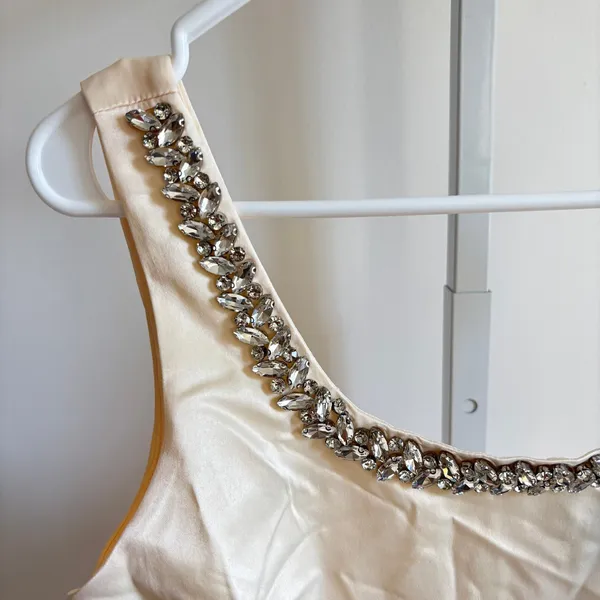 Cider NWT Women's Vintage Style Cream Satin Midi Dress Scoop Embellished Neck S - Image 4