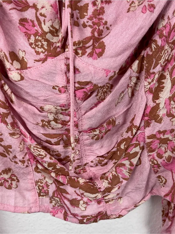 FREE PEOPLE Hilary Pink Floral Tie Closures Ruched Front Puff Sleeves Top Small - Image 11