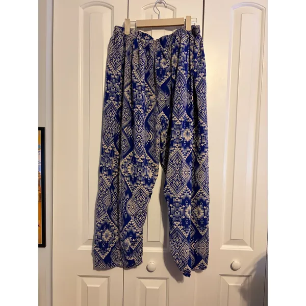 Blue & Cream Geometric Print Harem Pants |‎ Elastic Waist | Lightweight Boho - Image 3