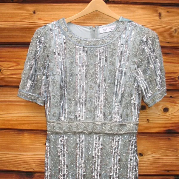 Mac Duggal 5980 Blue High Neck Short Sleeve Crystal Fringe Column Dress - Image 8