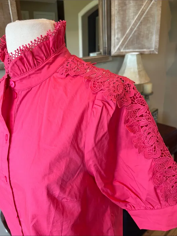 Avara Maribeth Top Berry Women’s Lace-Trim Button Front Blouse - Berry Pink New - Image 3
