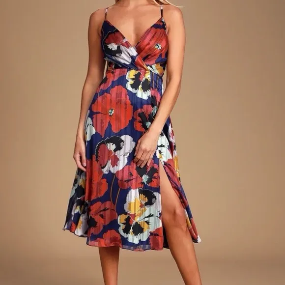 Lulus All About Love Royal Blue Floral Print Midi Dress Size XS - Image 4