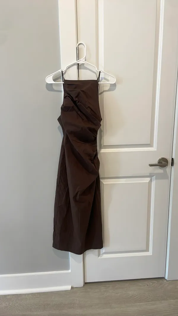 Zara brown ruched high neck midi dress - Image 3