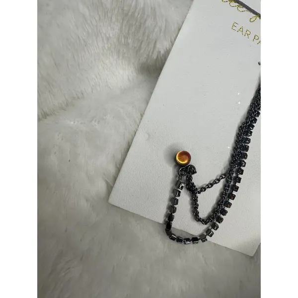 NEW Free People Ear Party Chain Cuff Earring Amber Rhinestone Gunmetal Bohemian - Image 3