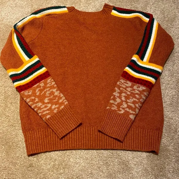 BiBi Knit Texture Contrast Crochet Stripe Brick Sweater Leopard Cuff S - Image 8