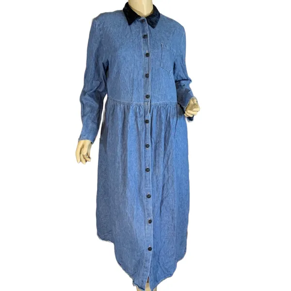 Vintage 1990'S You Babes Denim Cotton Baby Doll Dress W/ Velour Collar (18) - Image 2