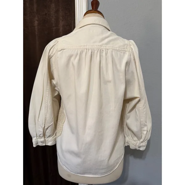 Pilcro Anthropologie XS Shirt Crochet Lace Patchwork‎ Denim Cream Puff Sleeve - Image 3