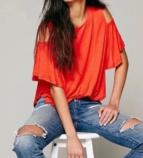 Free People Red Orange Flowy Top With Open Shoulders Size Large - Image 4