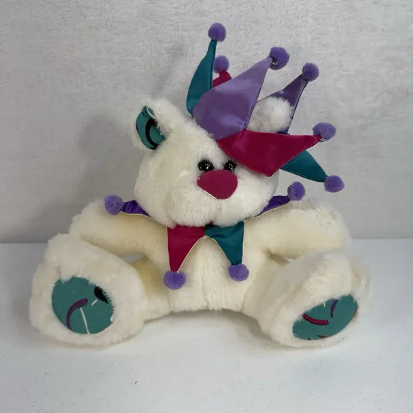 Vintage Cloud 9 Jester‎ Joker White Teddy Bear Stuffed Animal Plush Toy 9" - Image 2