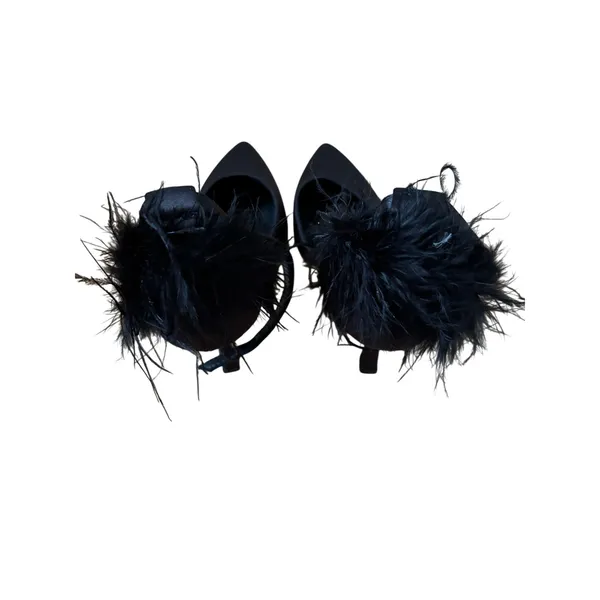 Black Satin Feather Trim Pointed Toe Stiletto Heels Women’s Size EU 38 US 7.5 - Image 4