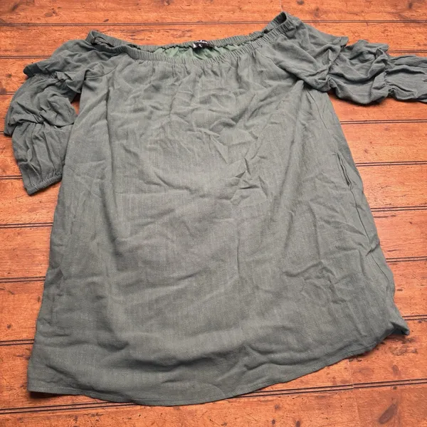 Lulus By the Pier Washed Green‎ Off-the-Shoulder Puff Sleeve Mini Dress Size XL - Image 3