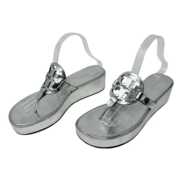 Tory Burch Miller Silver Metallic Leather Platform Wedge Sandals Logo Thong 9 - Image 4