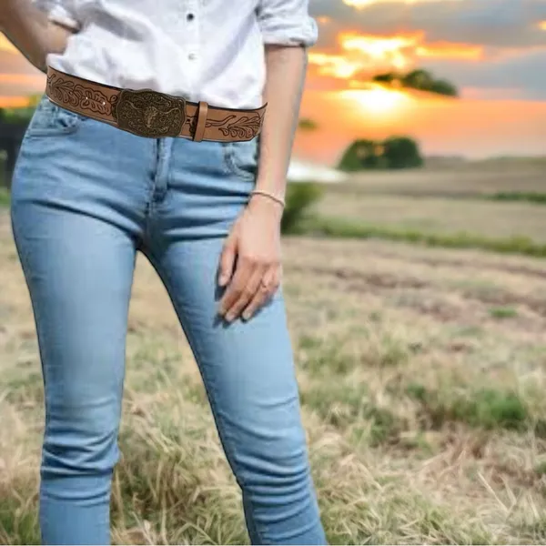 Western Bull Head Buckle Unisex‎ Belt Vintage Embossed Brown PU Leather Belt - Image 5