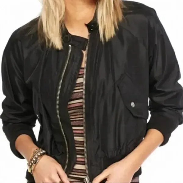 FREE PEOPLE Black Midnight Satin Full Zip Oversized Bomber Jacket L - Image 2