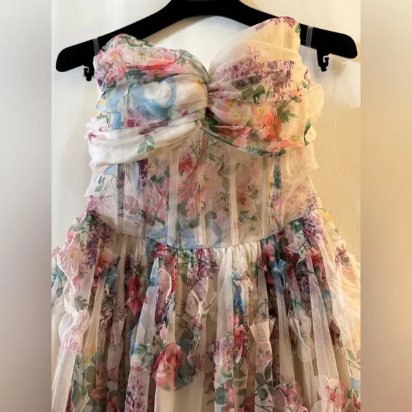 Faeriesty Ruched Bustier Ruffle Trim Hem Floral Print Tube Dress - Image 7