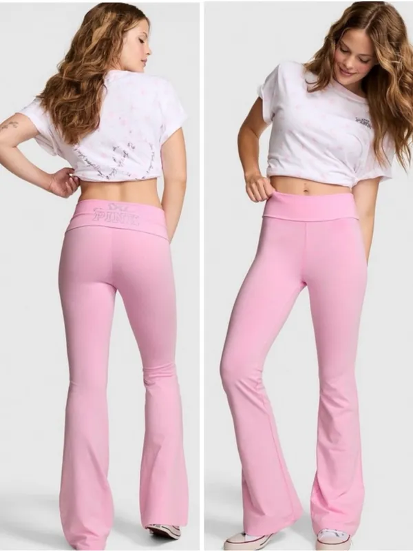 🎀🍭PINK x LoveShackFancy Foldover Flare Leggings Pink Lollipop Coquette Girl XL - Image 2