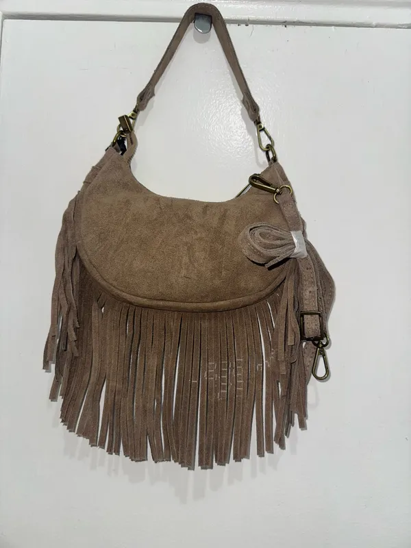 made in italy suede shoulder bag with bottom fringe real calf leather - Image 2