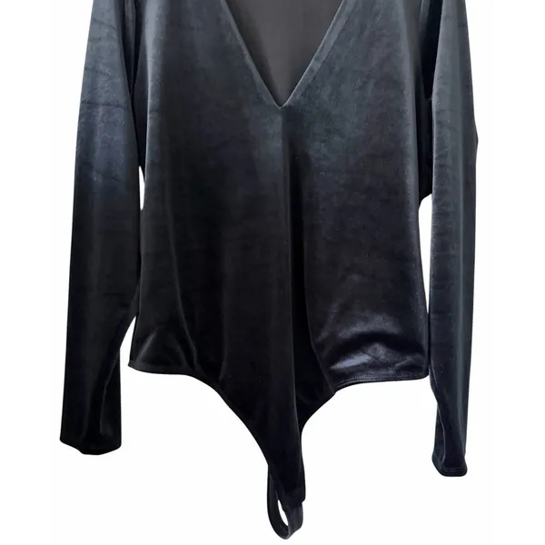 Good American Plunge Neck‎ Velvet Long Sleeve Bodysuit Black Women's Size 4 - Image 5
