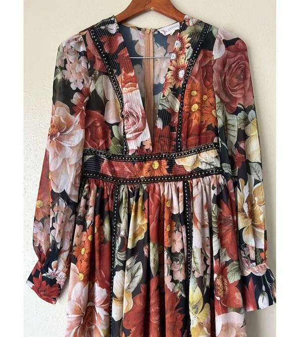 L'Atiste Burnt Orange Floral Semi Sheer Deep V Maxi Dress Size Small - Image 4